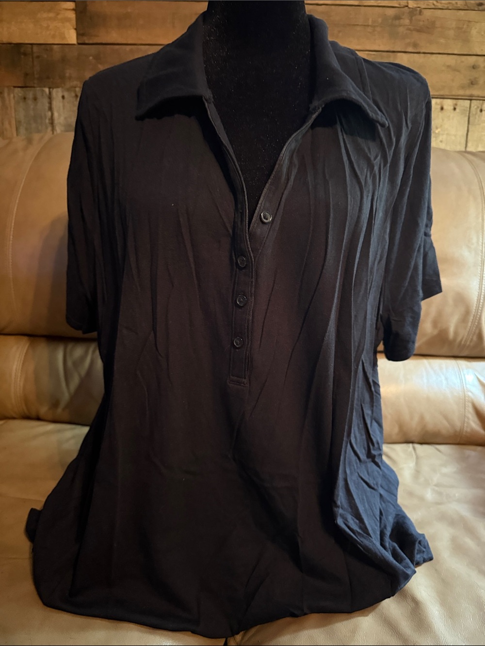 Lane Bryant Black Button-Front Short-Sleeve Polo